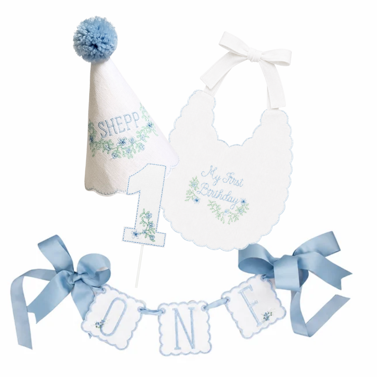 Blue Southern Floral Personalized First Birthday Hat & ONE Banner Set