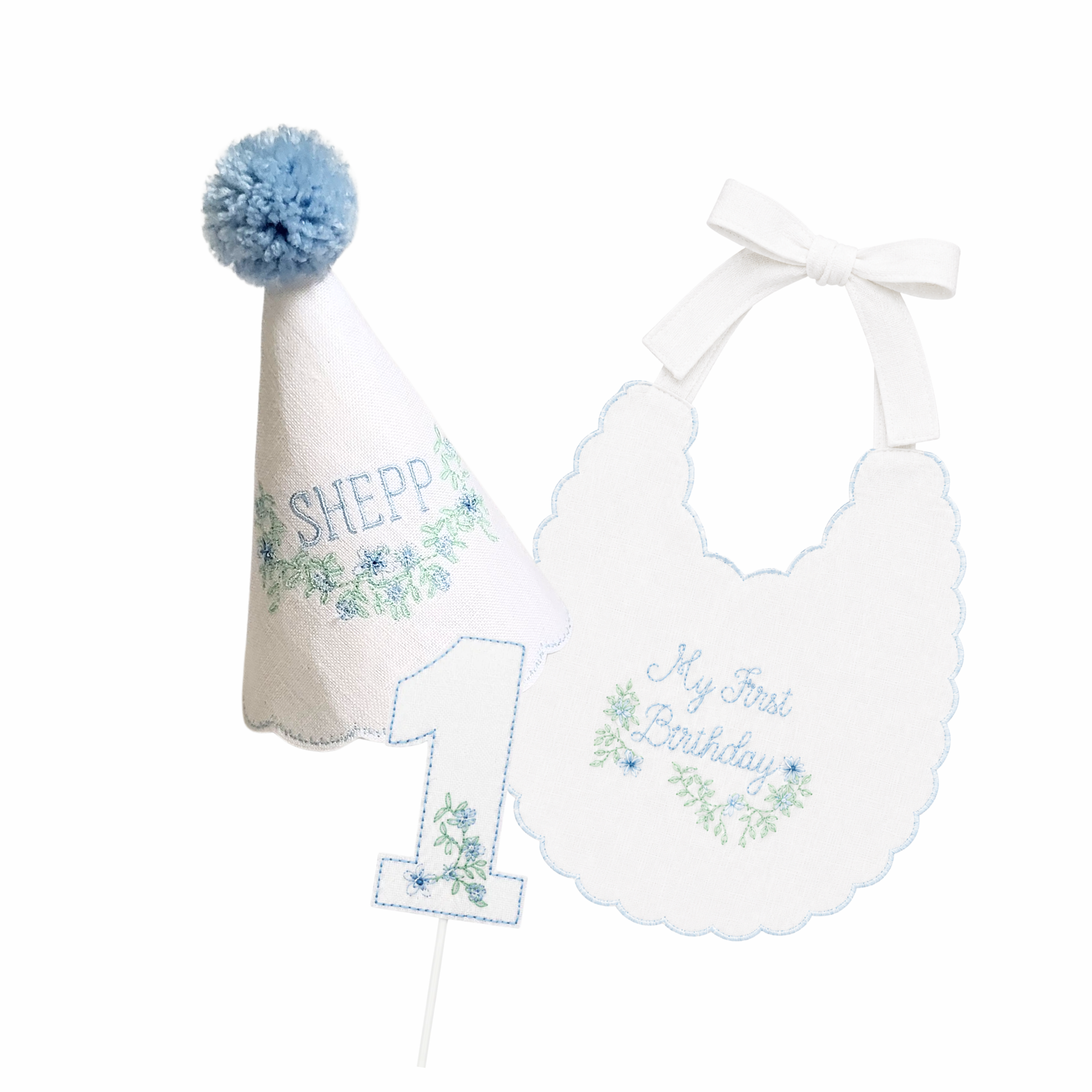 Blue Southern Floral 3-piece first birthday cake smash set with personalized party hat, birthday bib, and floral cake topper