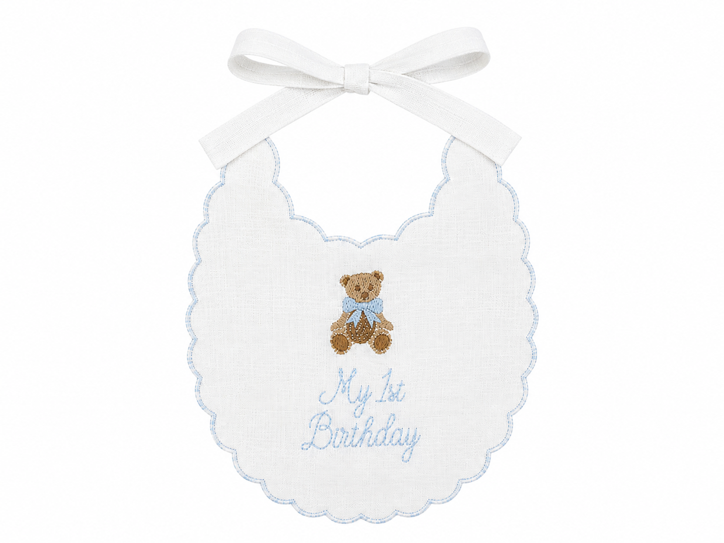 Blue Teddy Bear Name Hat & Bib Set | Personalized Linen First Birthday Set