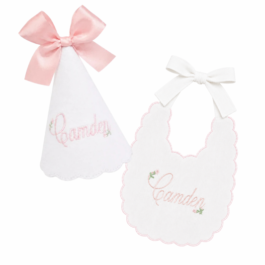 Rosebud Name Hat & Bib Set | Personalized Linen First Birthday Set