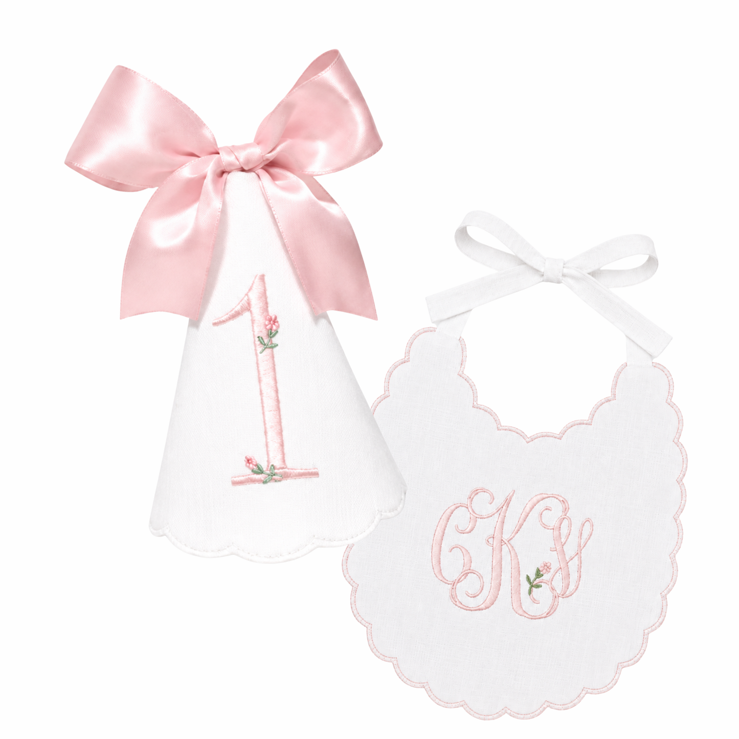 Rosebud Monogram Hat & Bib Set | Personalized Linen First Birthday Set