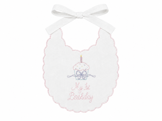 Vintage Cupcake linen first birthday bib with embroidered cupcake and scalloped edge