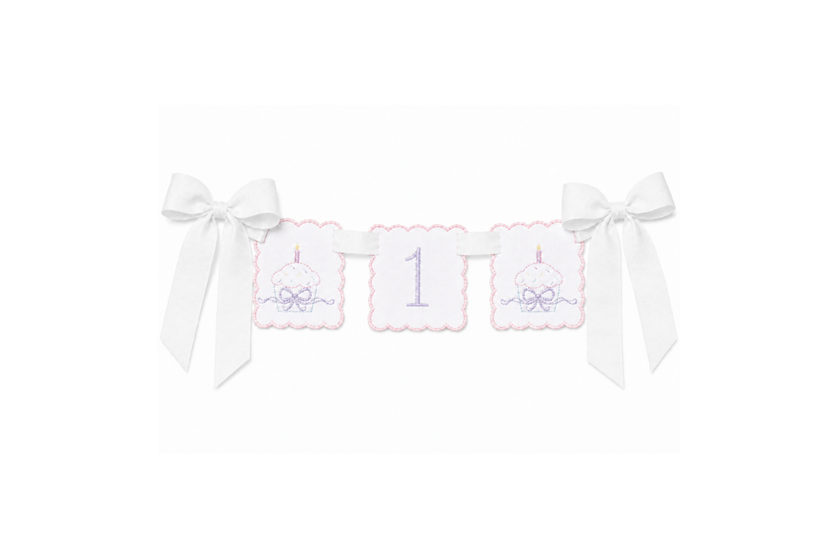 Vintage Cupcake first birthday high chair banner with embroidered cupcake details