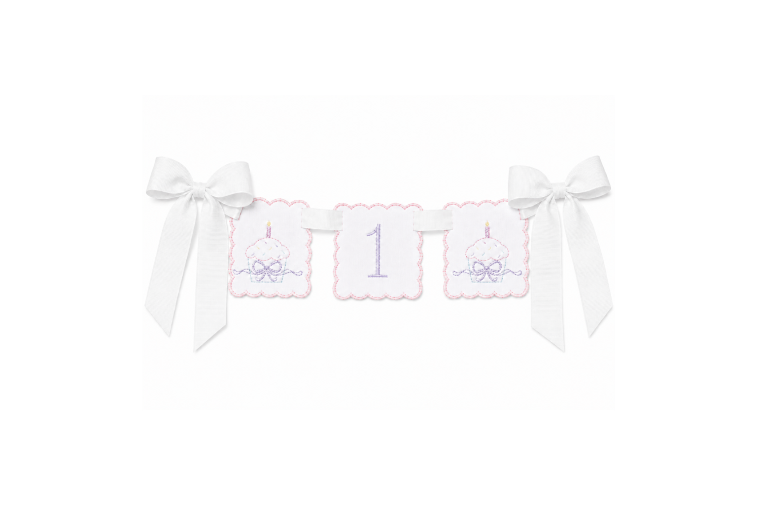 Vintage Cupcake first birthday high chair banner with embroidered cupcake details