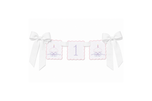 Vintage Cupcake first birthday high chair banner with embroidered cupcake details