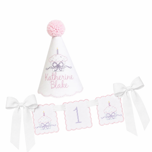 Vintage Cupcake personalized linen first birthday party hat and coordinating ONE high chair banner set