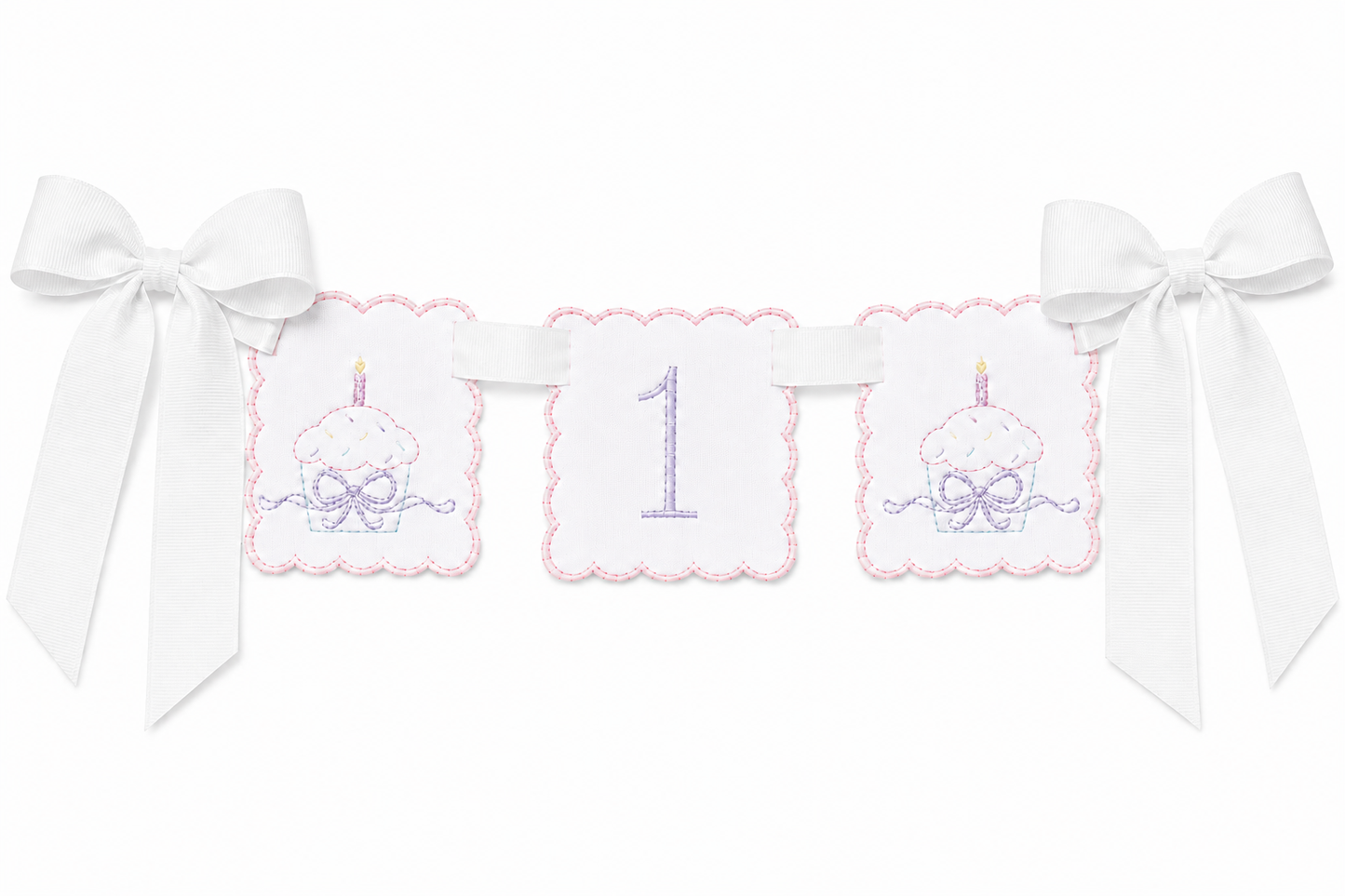 Vintage Cupcake linen ONE first birthday high chair banner with vintage-inspired cupcake details