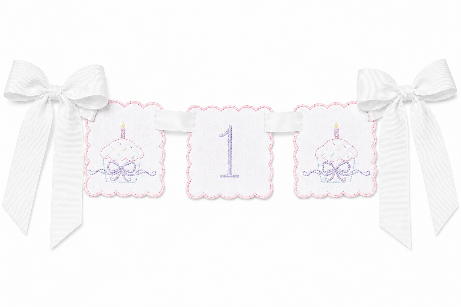 Vintage Cupcake linen ONE first birthday high chair banner with vintage-inspired cupcake details
