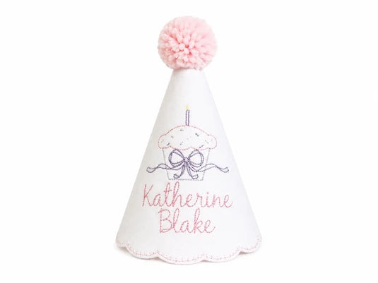 Vintage Cupcake personalized linen first birthday party hat with vintage-inspired cupcake embroidery