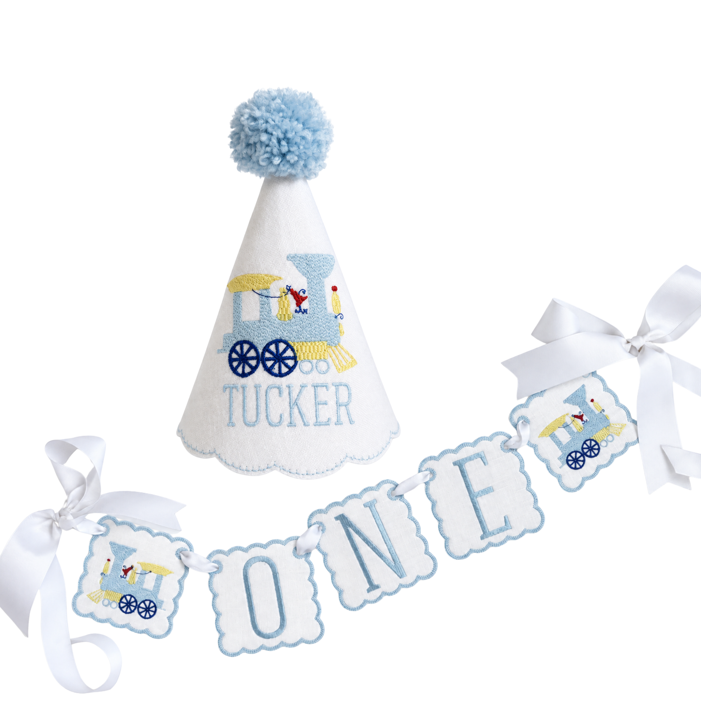 Vintage Train Personalized Hat & 5-Block ONE Banner Set | Heirloom First Birthday Set